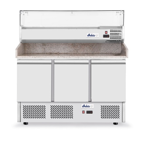 Arktic Pizzawerkbank 380 liter met 3 deuren en Koelvitrine 40 liter