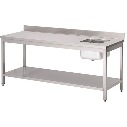 Gastro-M Cheftafel 120 (b) cm met spoelbak rechts, bodemschap en achteropstand