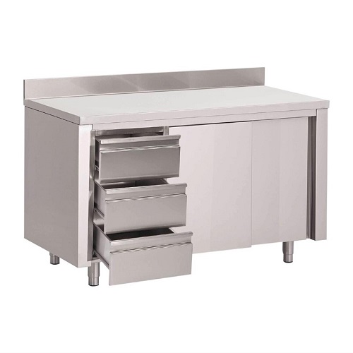 Gastro-M Werktafel met 3 laden links, schuifdeuren en achteropstand