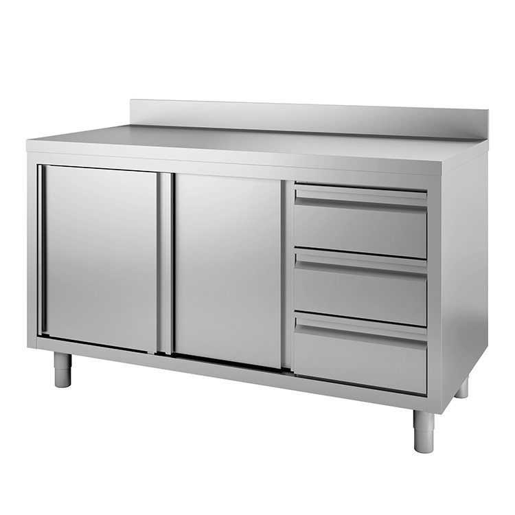 Gastro Inox Werkbank 150(l) cm met schuifdeuren, 3 laden en achteropstand