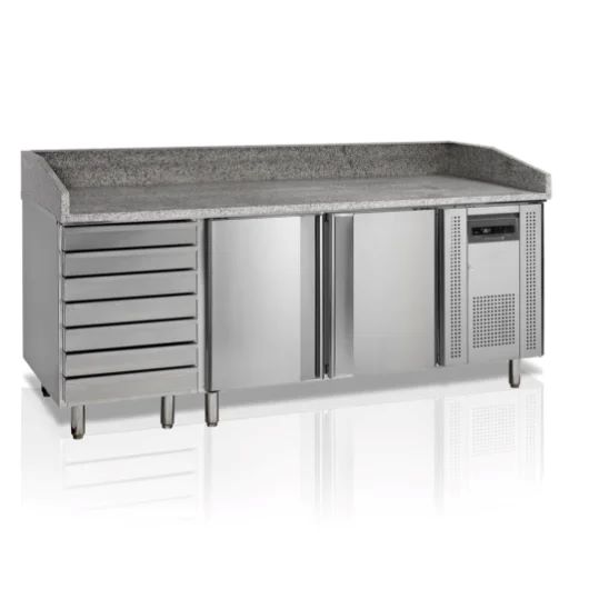 Topcold Pizzawerkbank 390 liter met 2 deuren en 7 deegladen