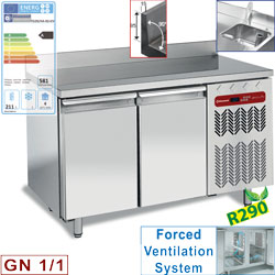 Diamond geventileerde Koeltafel 260 liter "muraal" met 2 deuren GN 1/1 en spoelbak