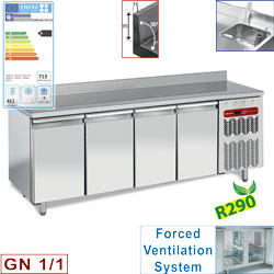 Diamond geventileerde Koeltafel 550 liter "muraal" met 4 deuren GN 1/1 en spoelbak